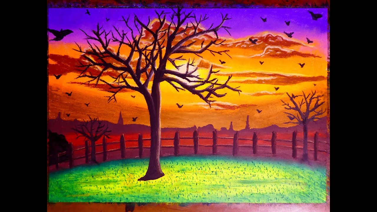 Simple Colorful Sunset Landscape Art With Birds In Oil Pastel | Painting For Beginners