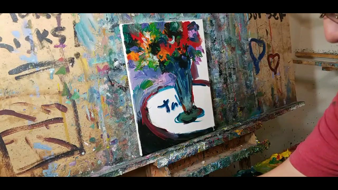 Abstract Expressionism Oil painting of a Still Life With Red Flowers by JOSE TRUJILLO