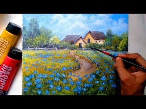 Beautiful flower field painting by acrylic colors / Blue flowers in the field