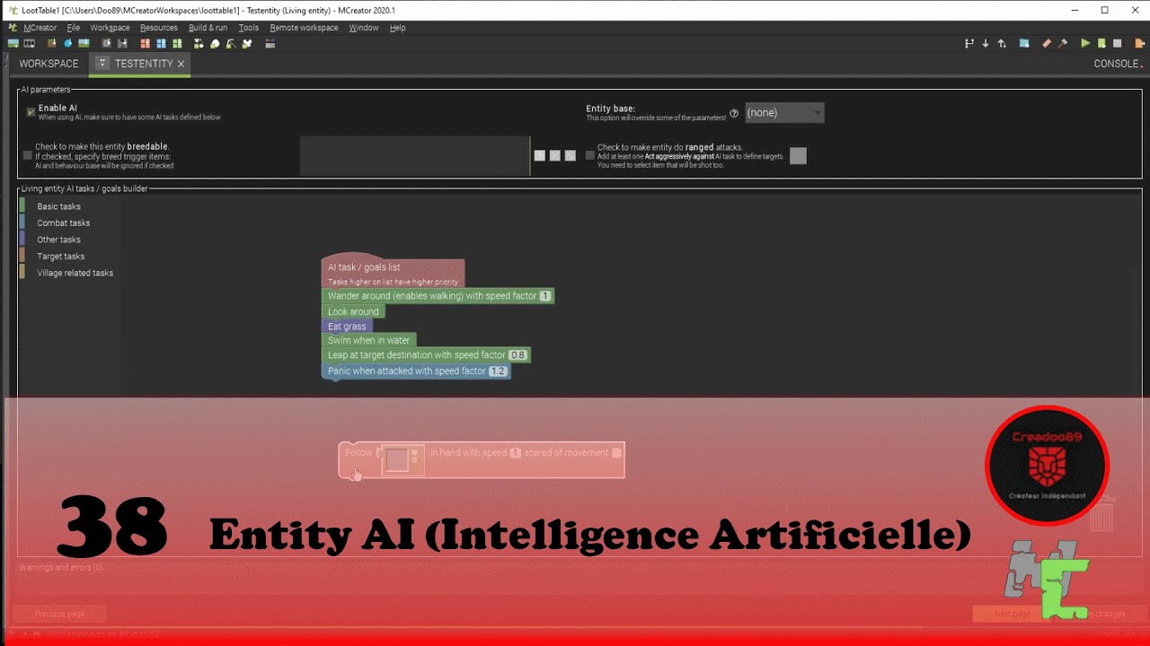 38 – Mcreator:  Entity AI (Intelligence Artificielle)