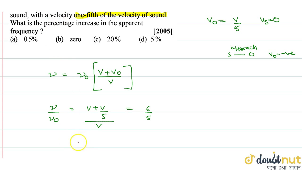 An observer moves towards a stationary source of sound, with a velocity one-fifth of the velocit…