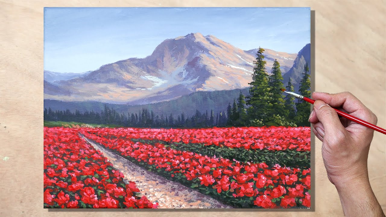 Acrylic Painting Rose Field Landscape