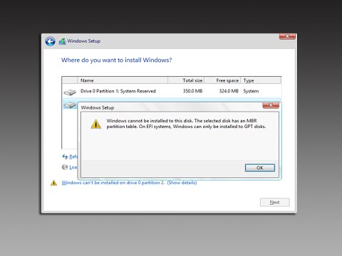 Windows cannot be installed to this disk. the selected disk has an MBR partition table