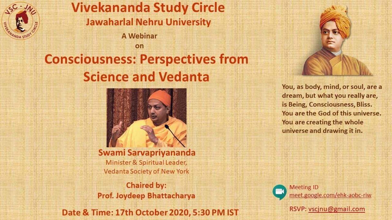 VSC JNU Webinar on "Consciousness: Perspectives from Science and Vedanta" by Swami Sarvapriyananda