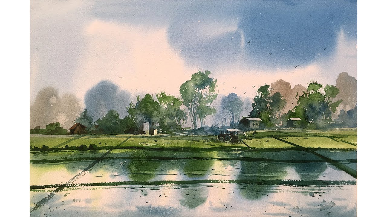 Watercolor Landscape Painting | Paddy field back side of my house | Prashant Sarkar.