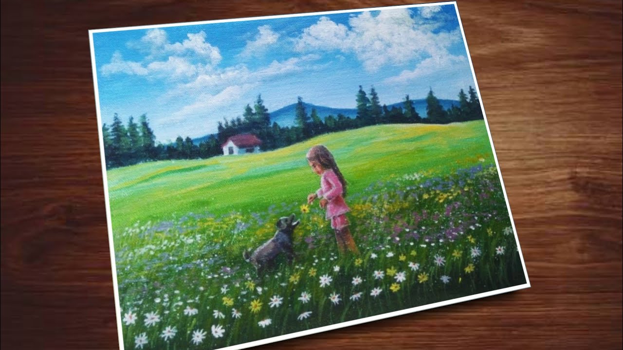 Little Girl playing with Dog Acrylic Painting / girl in Flower field