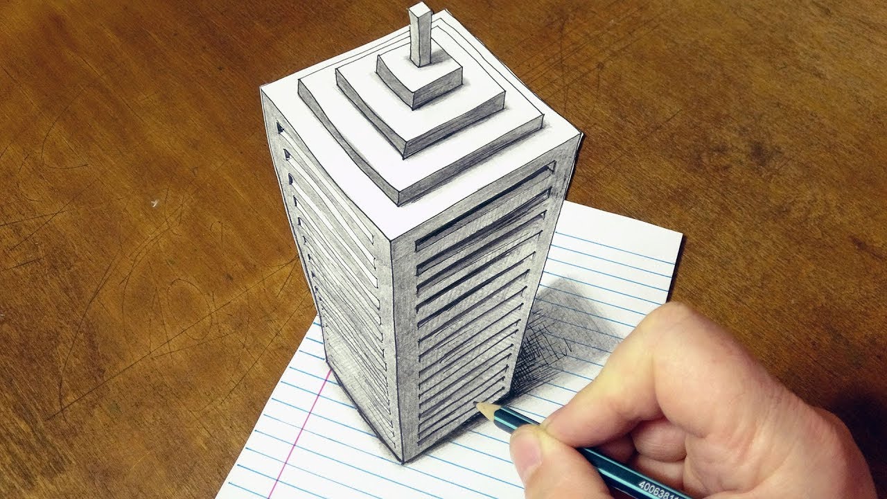Drawing 3D Skyscraper on Line Paper – How to Draw a Big Building Illusion – #Drawing #Art #HowToDraw