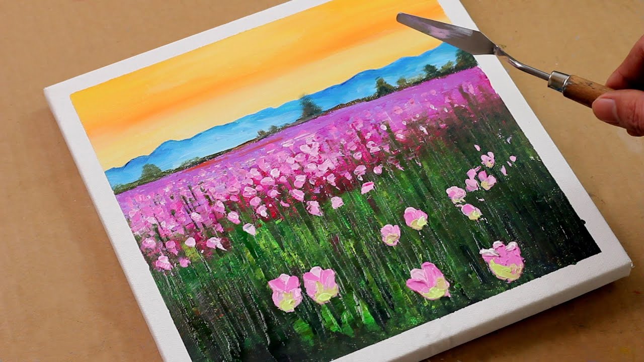 Tulips Field acrylic painting tutorial / Purple / Beginner acrylic painting / Simple / Day #134