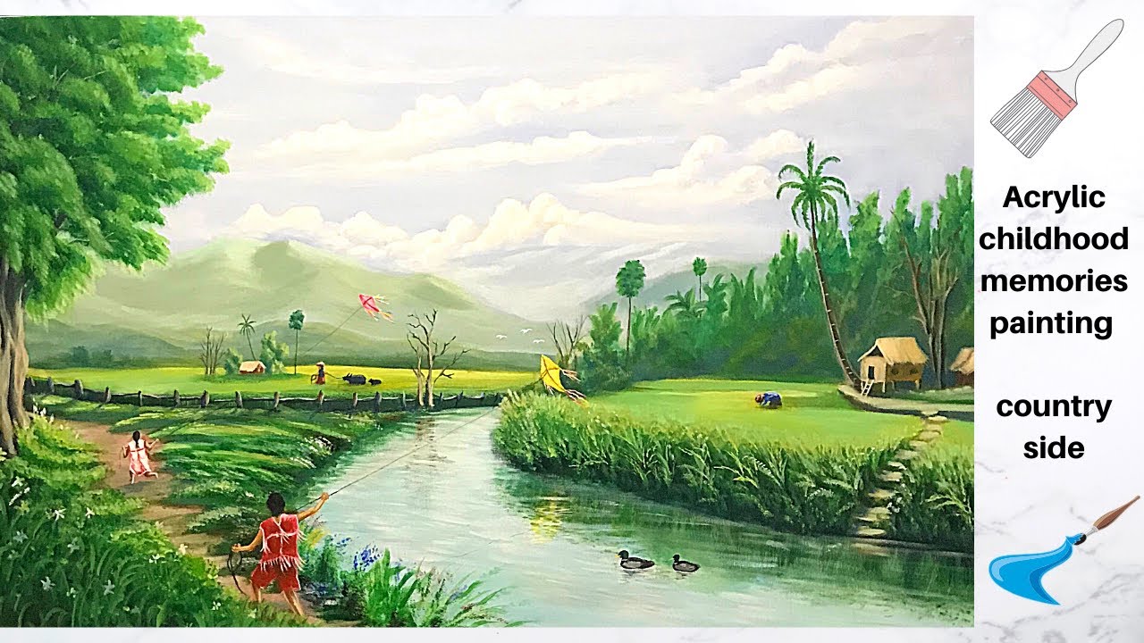 Acrylic painting landscape of Karen childhood memories /rice field/ farm/ time lapse
