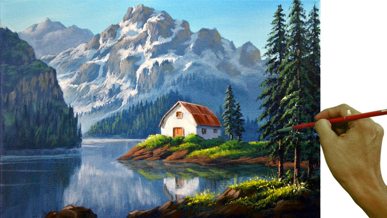 Acrylic Landscape Painting in Time-lapse / White Barn in the Lake / JMLisondra