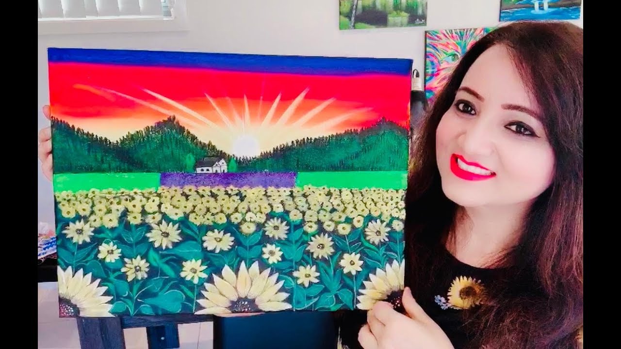 How to Paint Sunflower field Painting in simple way -Step by step Tutorial in acrylic for beginners.