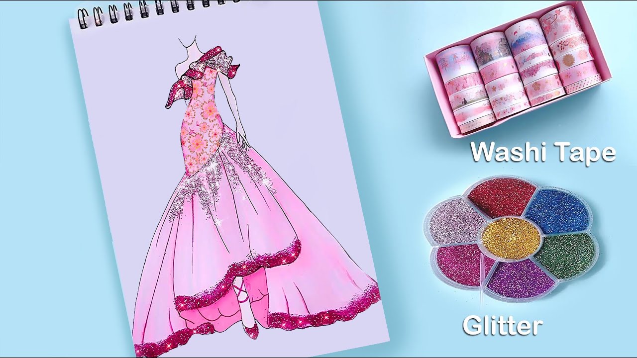 Beautiful dress design with Washi Tape and Glitter | Fashion Drawing | Washi Tape Design  #Shorts