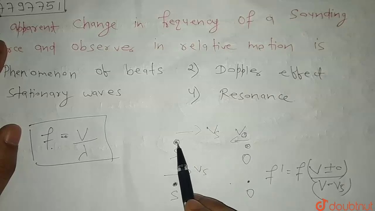 The apparent change in frequency of a sounding source and observer in relative motion is